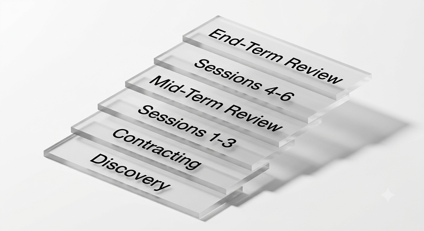 Diagram of the six-stage coaching programme: Chemistry, Contracting, Sessions 1-3, Mid-Term Review, Sessions 4-6, End-Term Review